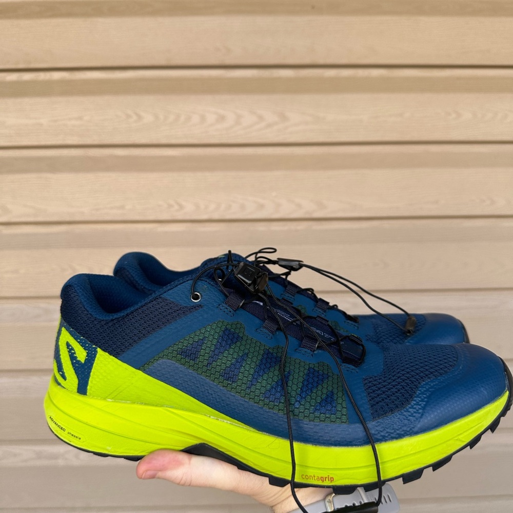 Blue and green Salomon XA elevate trail running trainers